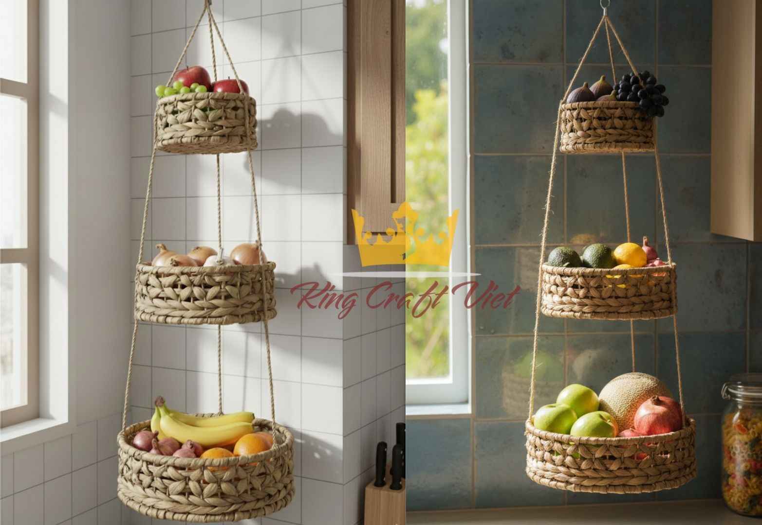 3 tier water hyacinth hanging basket for kitchen storage