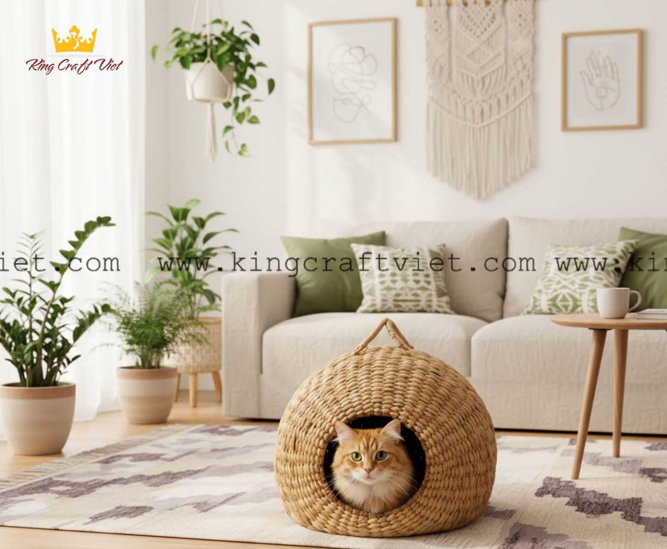 Boho-style living room with handmade rattan cat bed décor