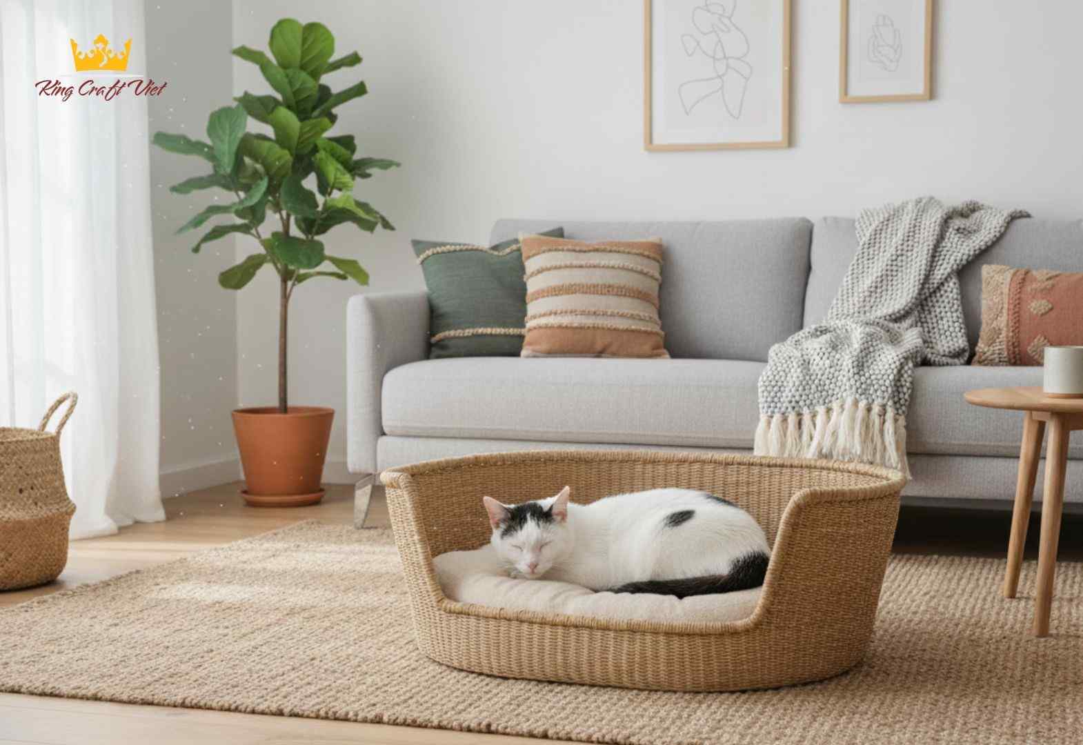 Cat sleeping in handmade rattan pet bed in cozy living room