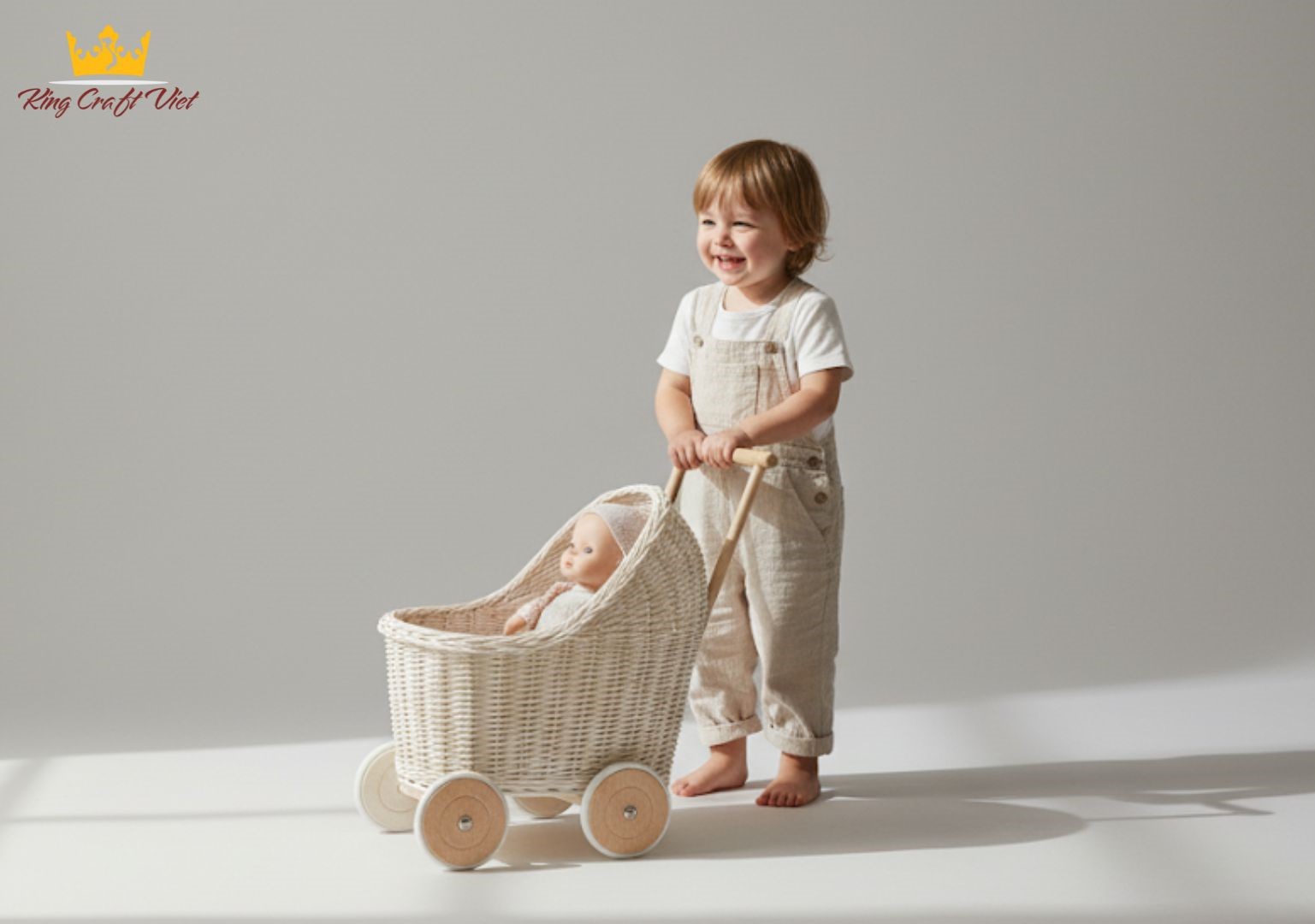 Children play with handmade rattan doll stroller