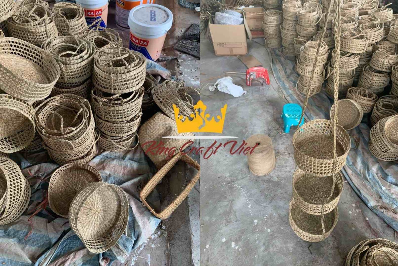Close-up of hand-woven water hyacinth hanging basket
