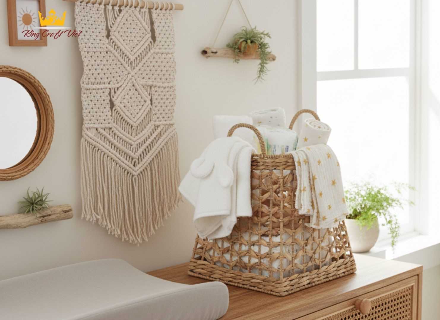 Eco-friendly water hyacinth diaper caddy used as baby storage basket in modern nursery.