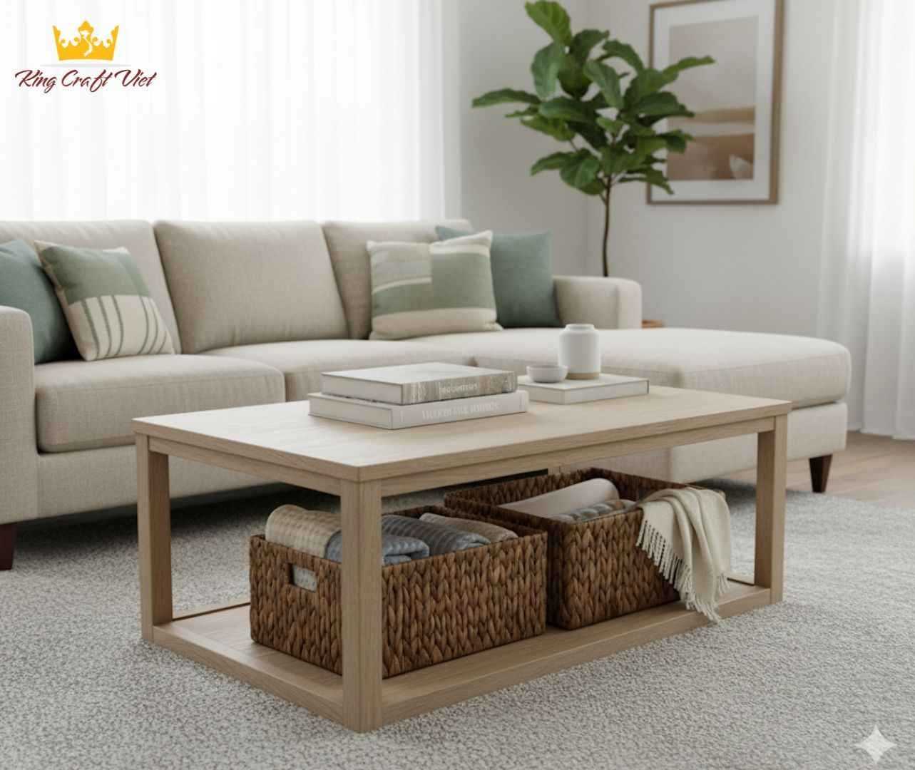 Eco-friendly woven baskets for organizing living room essentials.