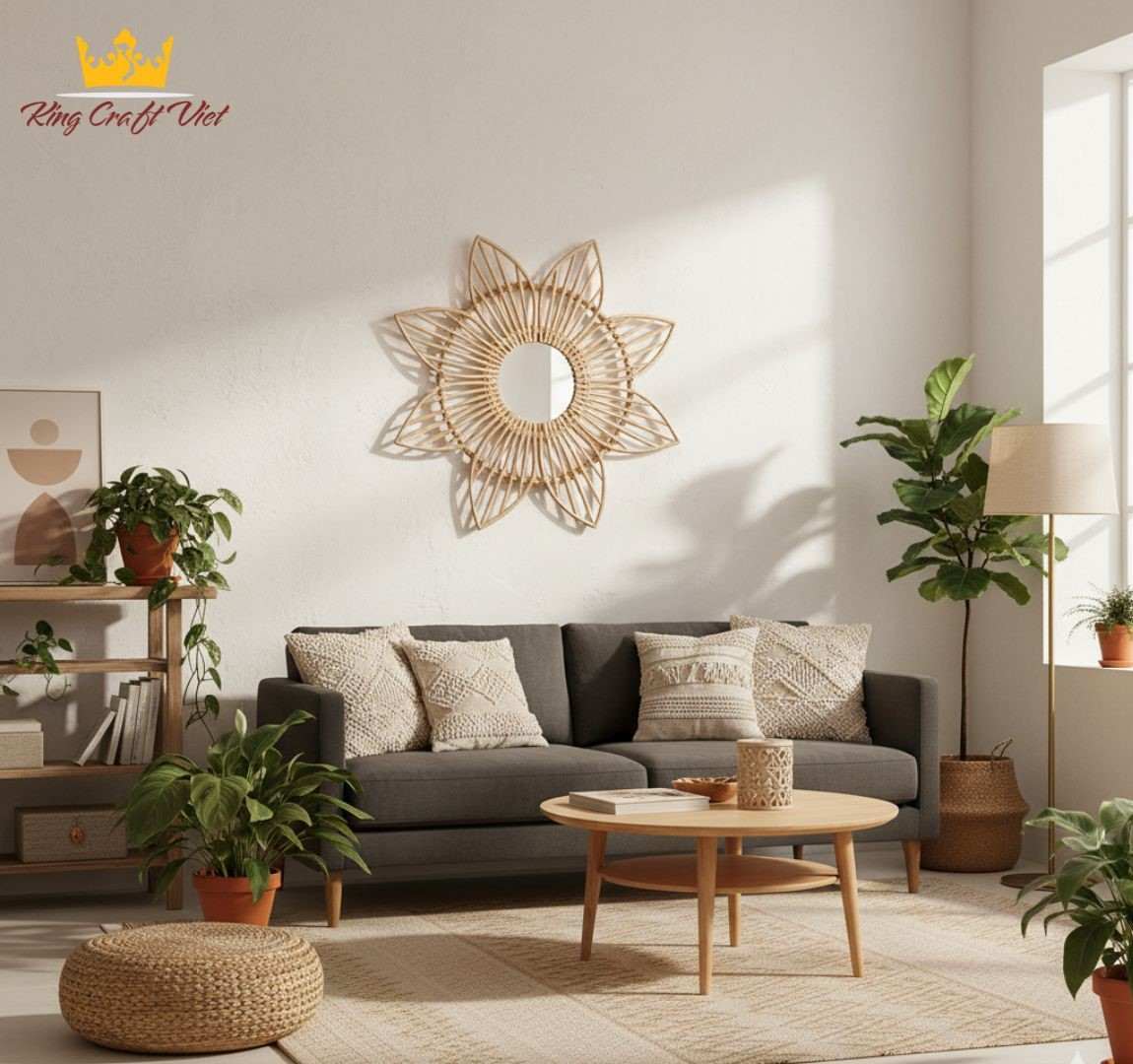 Handmade rattan mirror decorates the interior wall of the living room