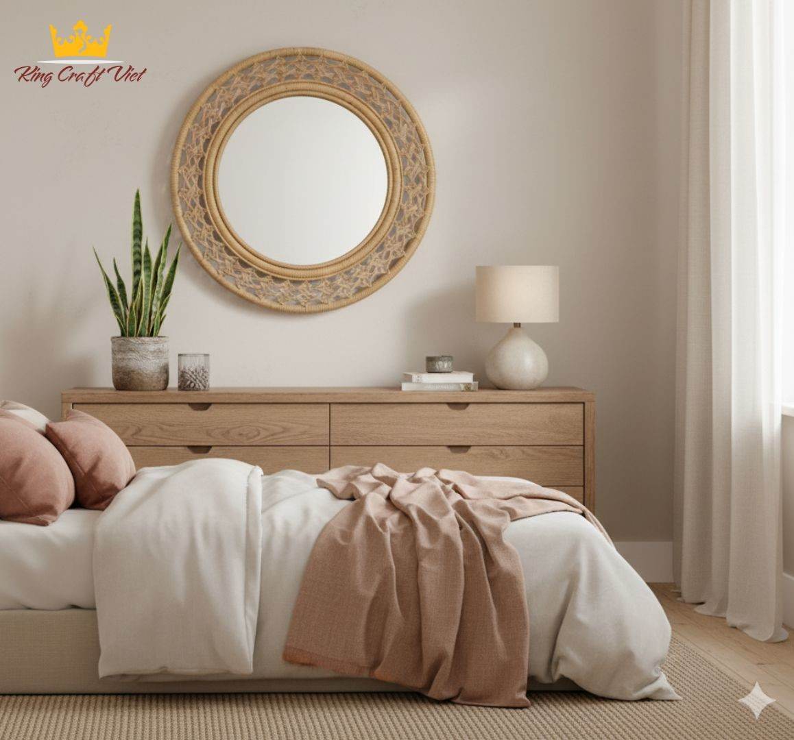 Handmade rattan mirror decoration in bedroom