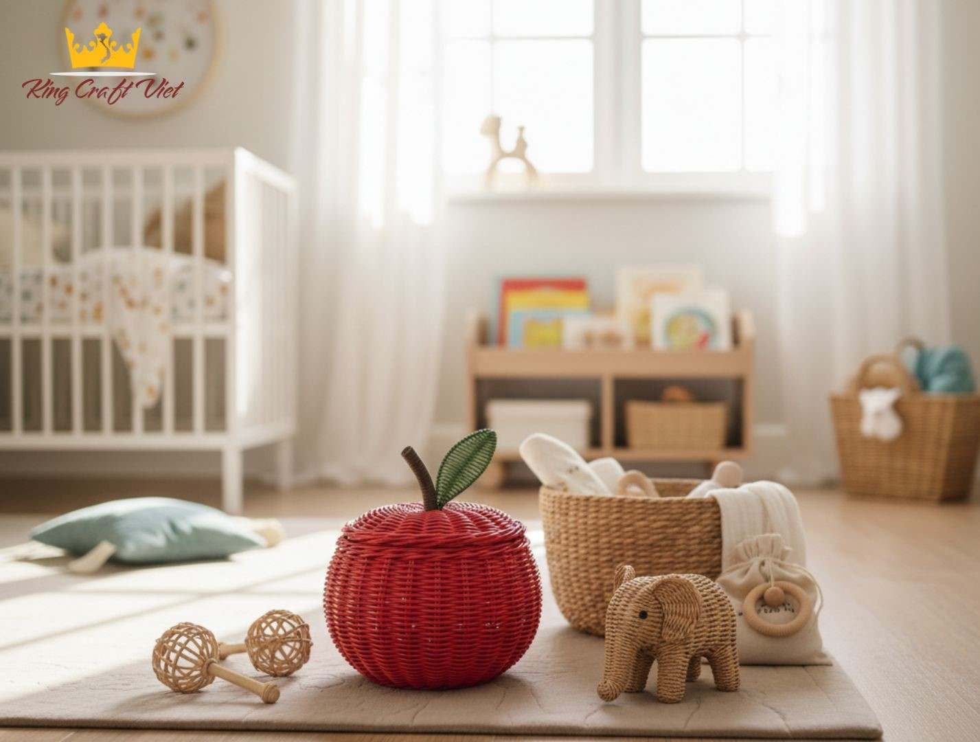 Handmade rattan toys for children in a cozy nursery.