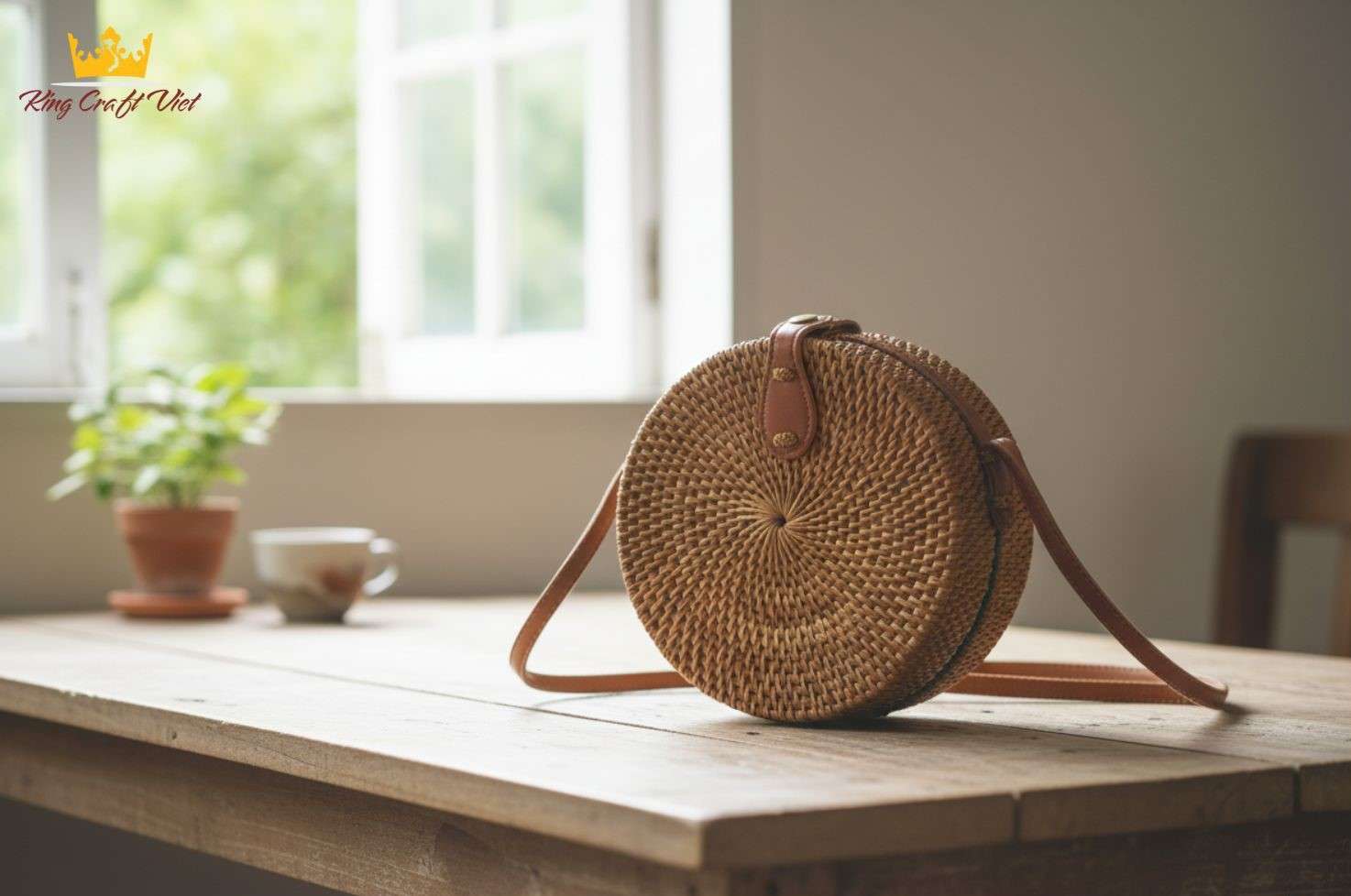 Handmade round rattan bag on wooden table with natural light