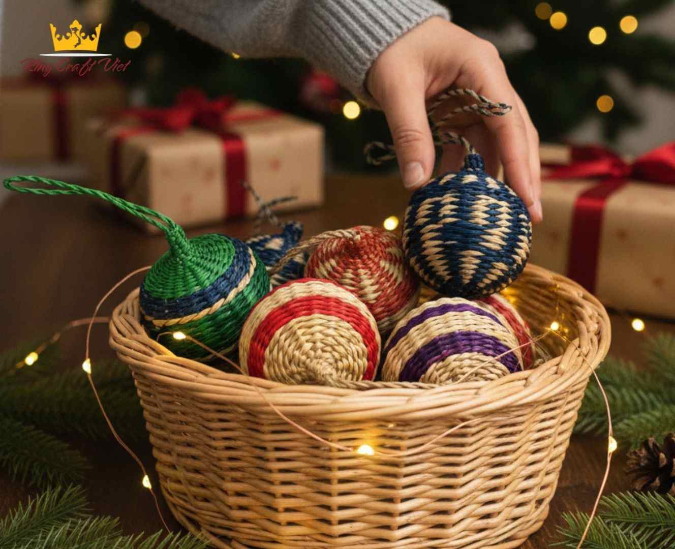 Handmade seagrass Christmas balls stored safely for long-term use