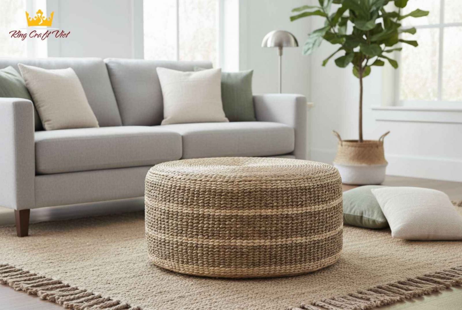 Handmade water hyacinth pouf in the living room