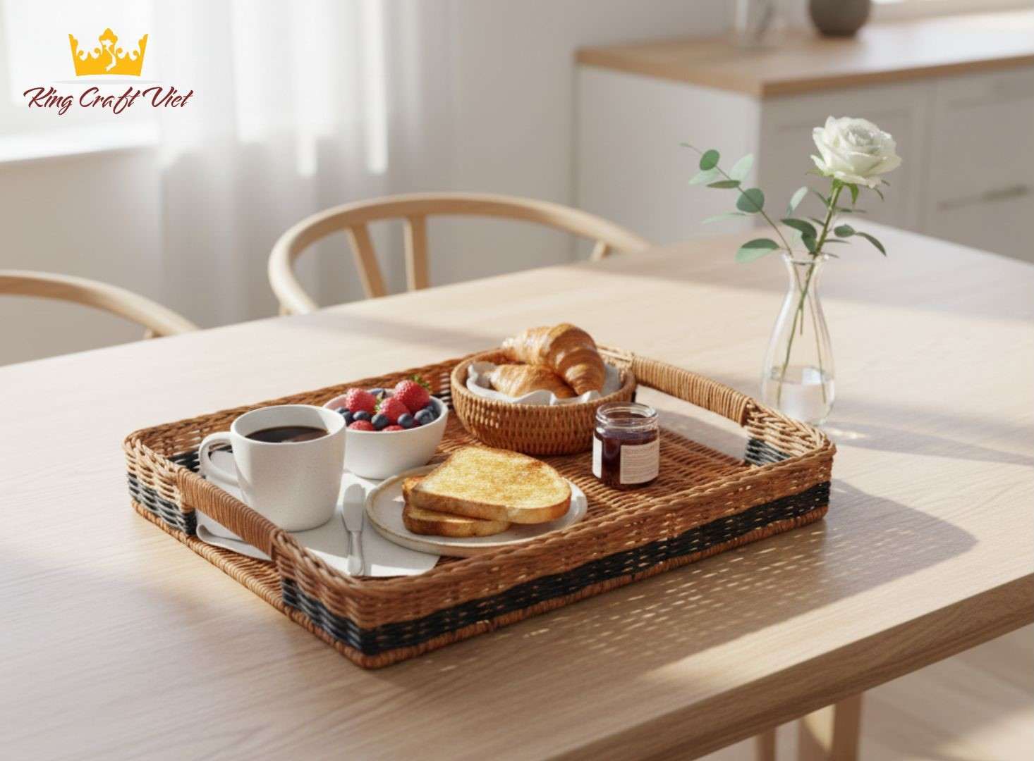 Handwoven rattan tray serving breakfast and drinks