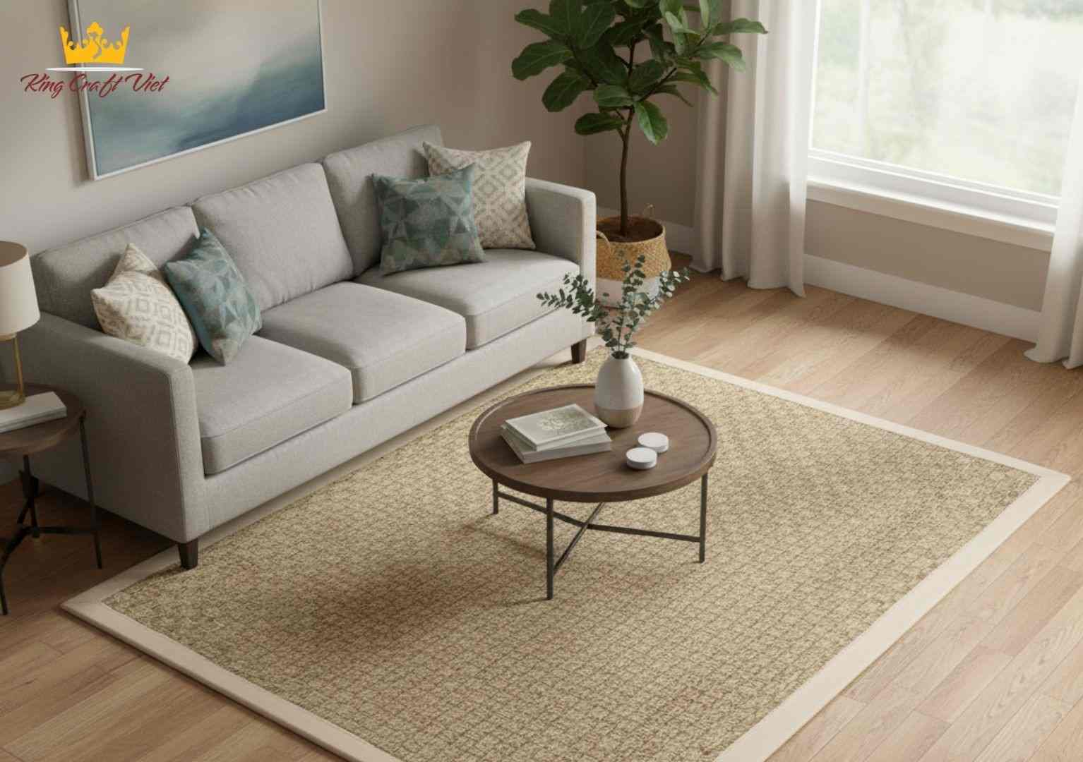 Handwoven seagrass rug in modern minimalist living room