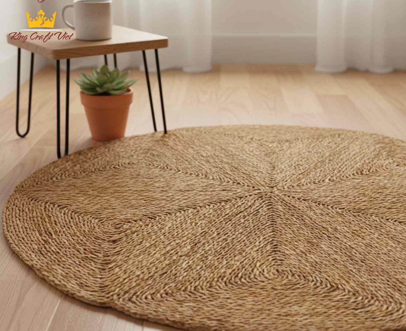 Handwoven seagrass rug on wooden floor beside plant and coffee table.