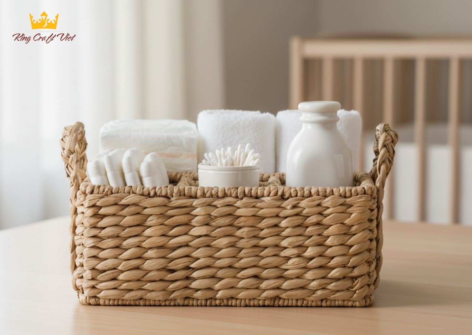 Handwoven water hyacinth diaper caddy basket handmade in Vietnam