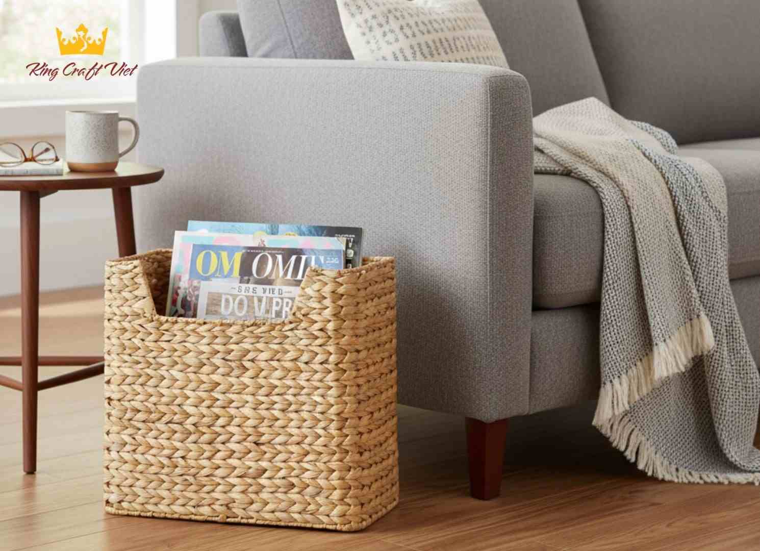 Handwoven water hyacinth magazine rack in livingroom