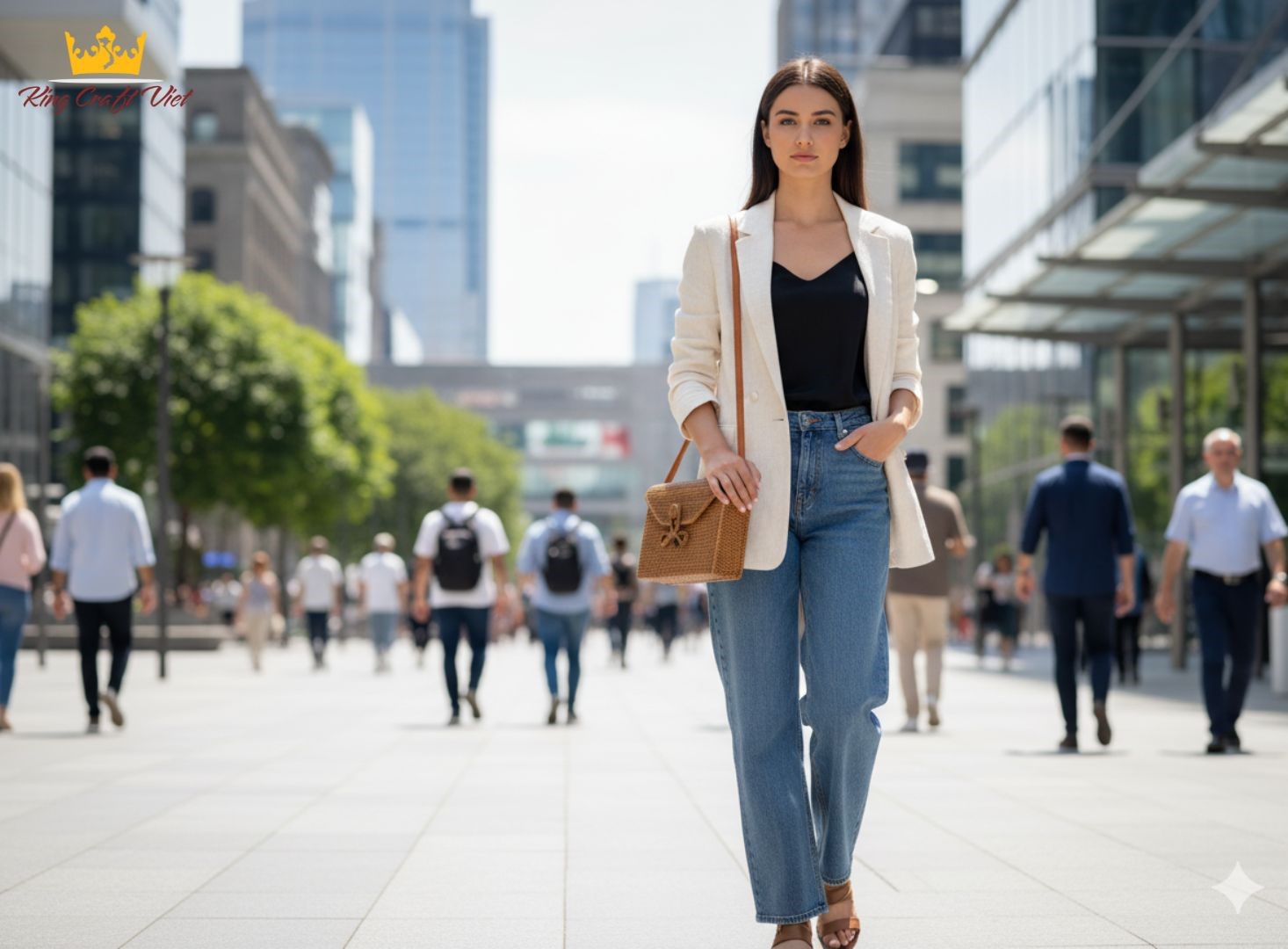 Model carrying a rattan bag as a timeless sustainable fashion accessory