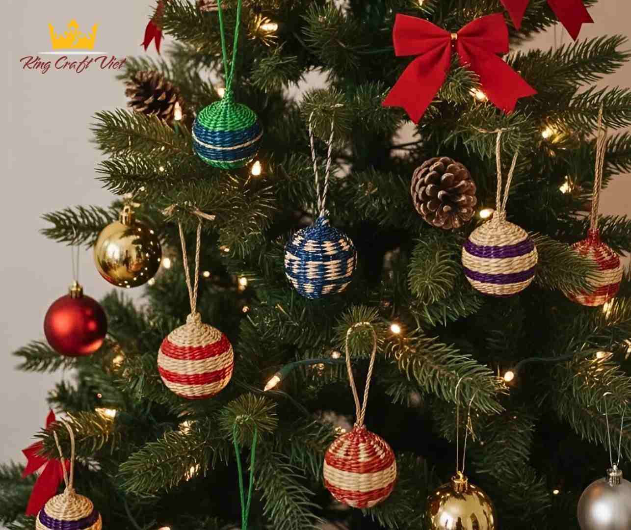 Seagrass Christmas balls decorating a tree, adding warmth