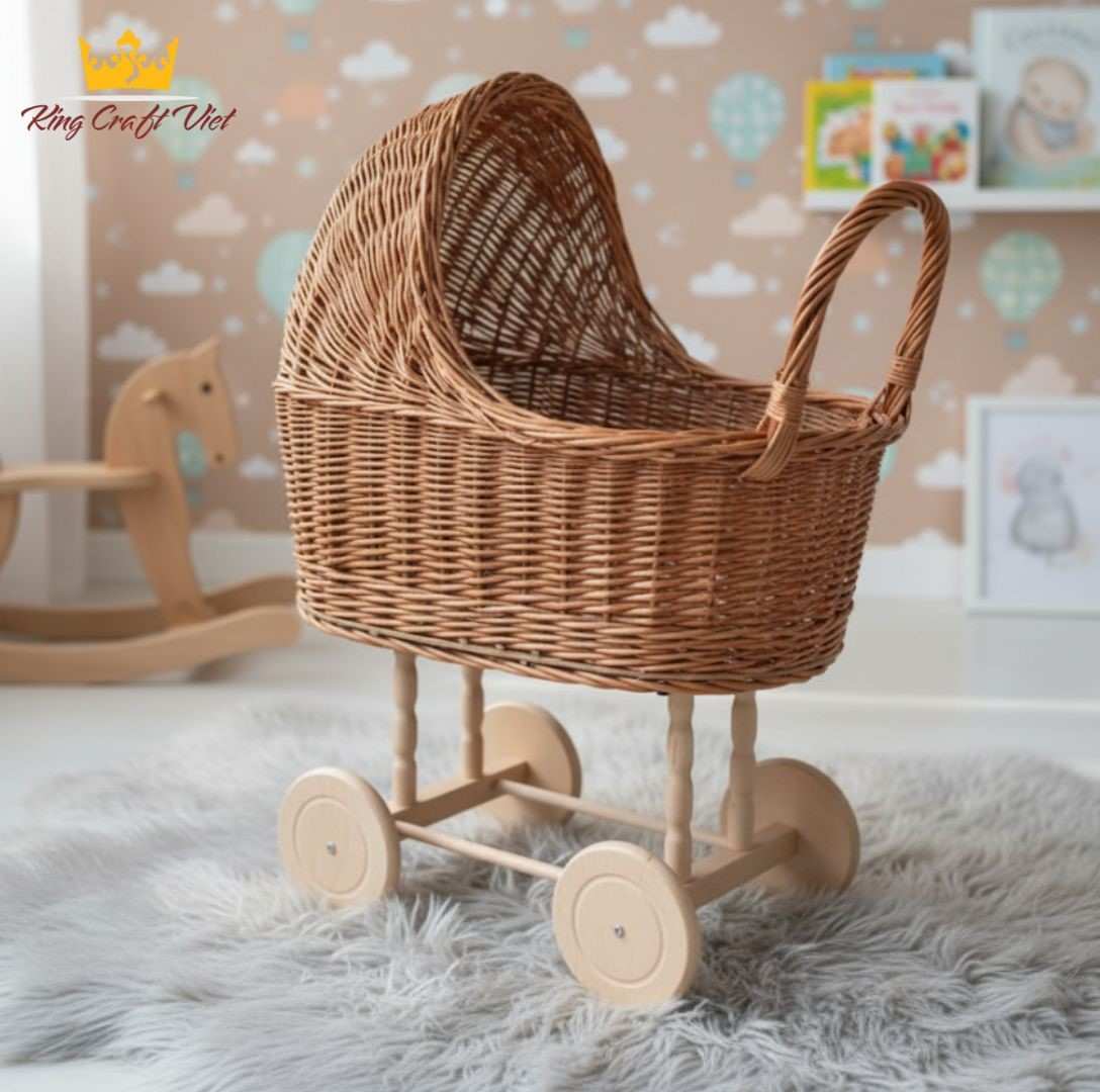 Wicker Doll Stroller with Wooden Wheels