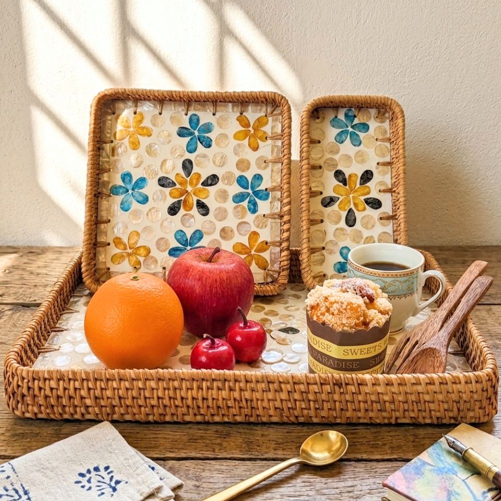 Serving tray rattan with mother of pearl