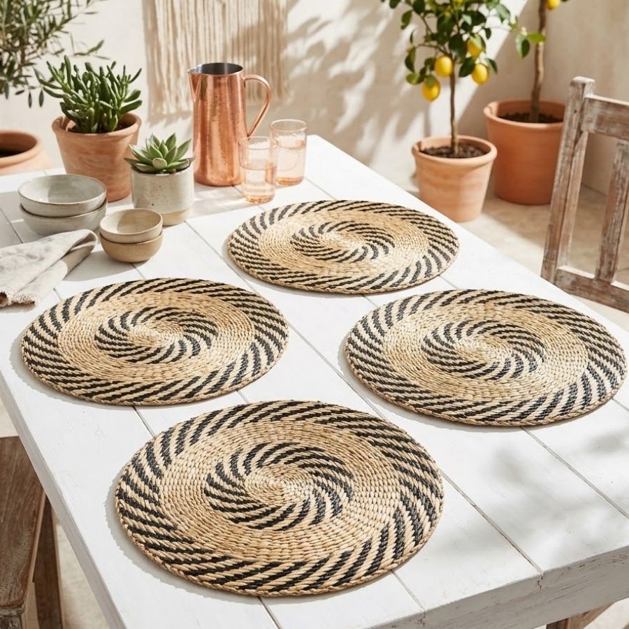 Round seagrass chargers