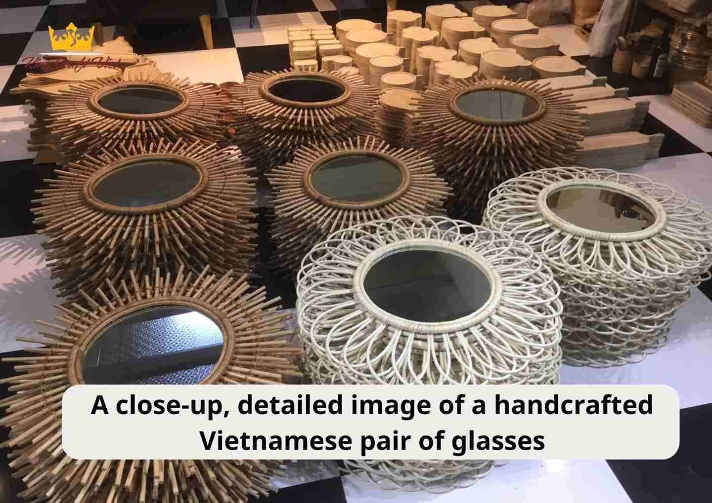 A close-up, detailed image of a handcrafted Vietnamese pair of glasses.