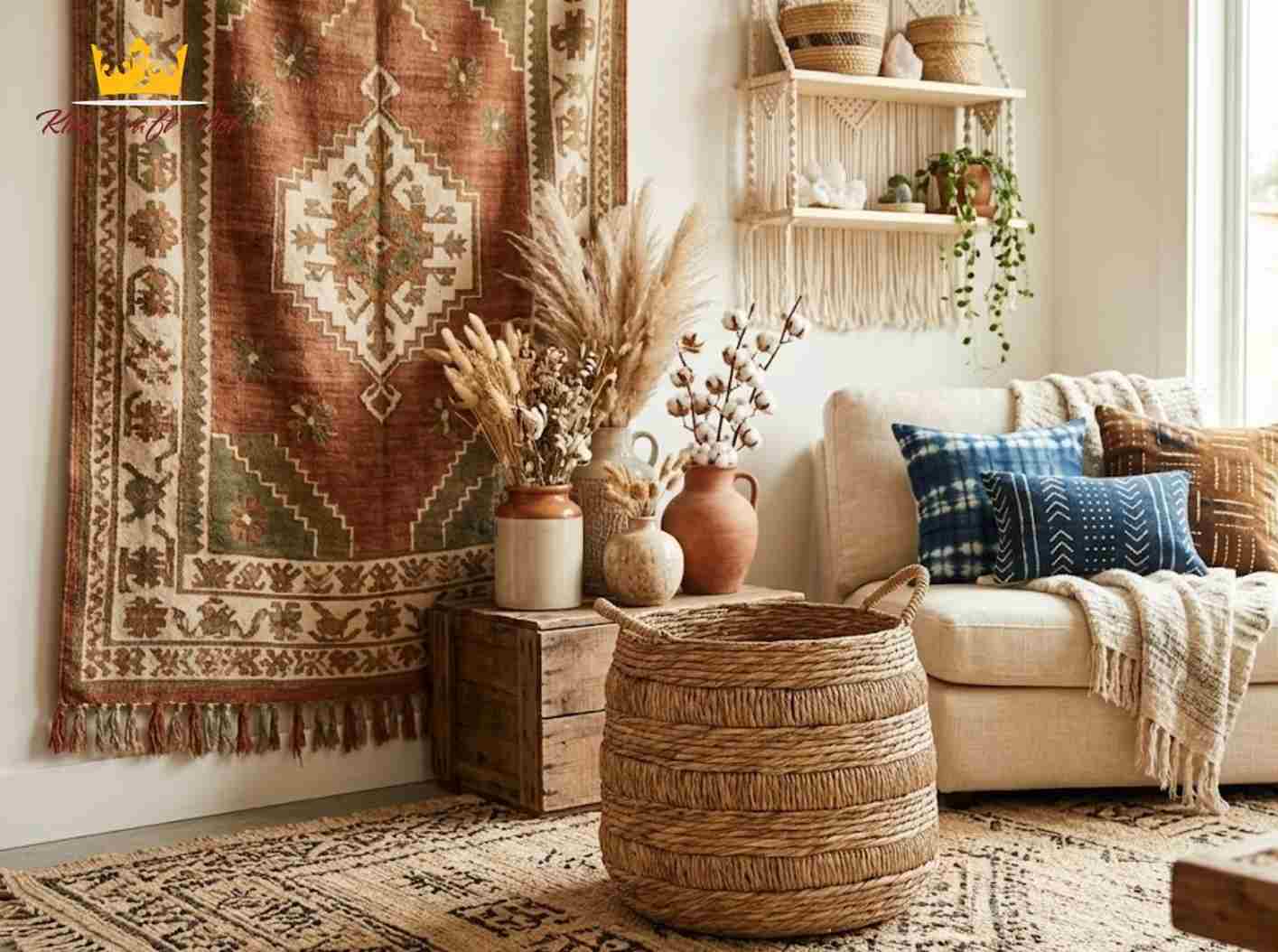 Boho-style decorating ideas with handmade baskets.
