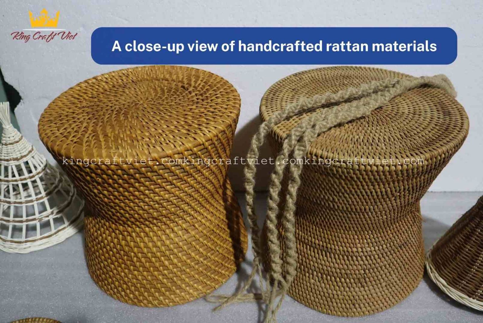 Close-up images of handcrafted rattan products.
