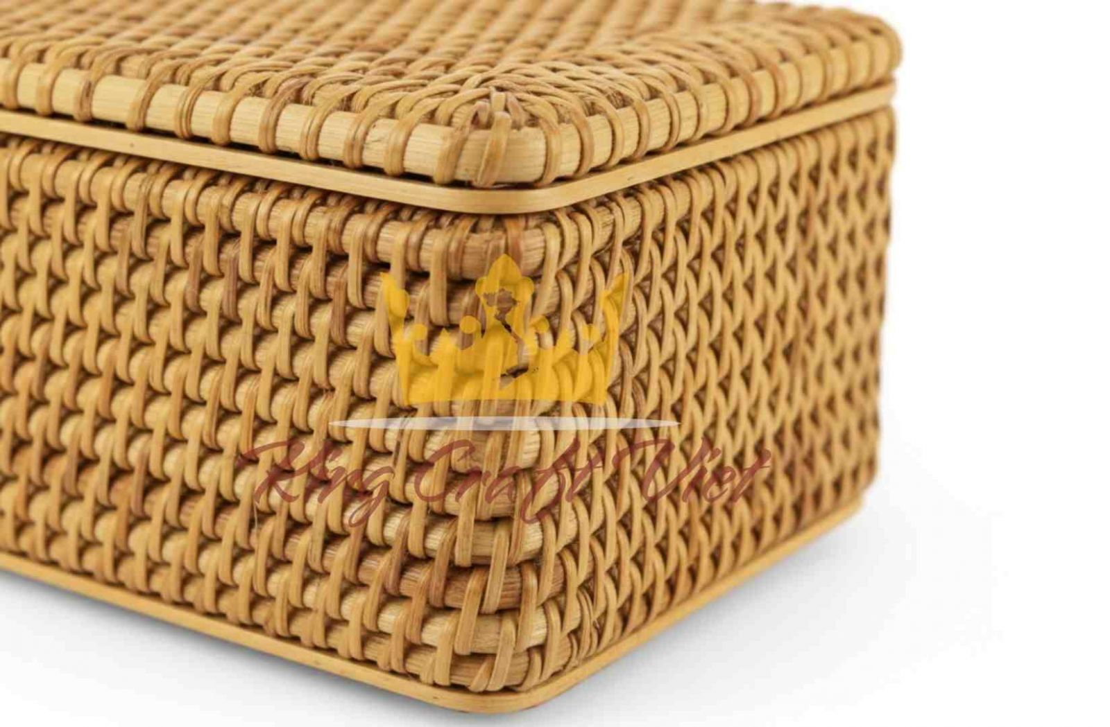 Close-up of handmade rattan toilet paper holder