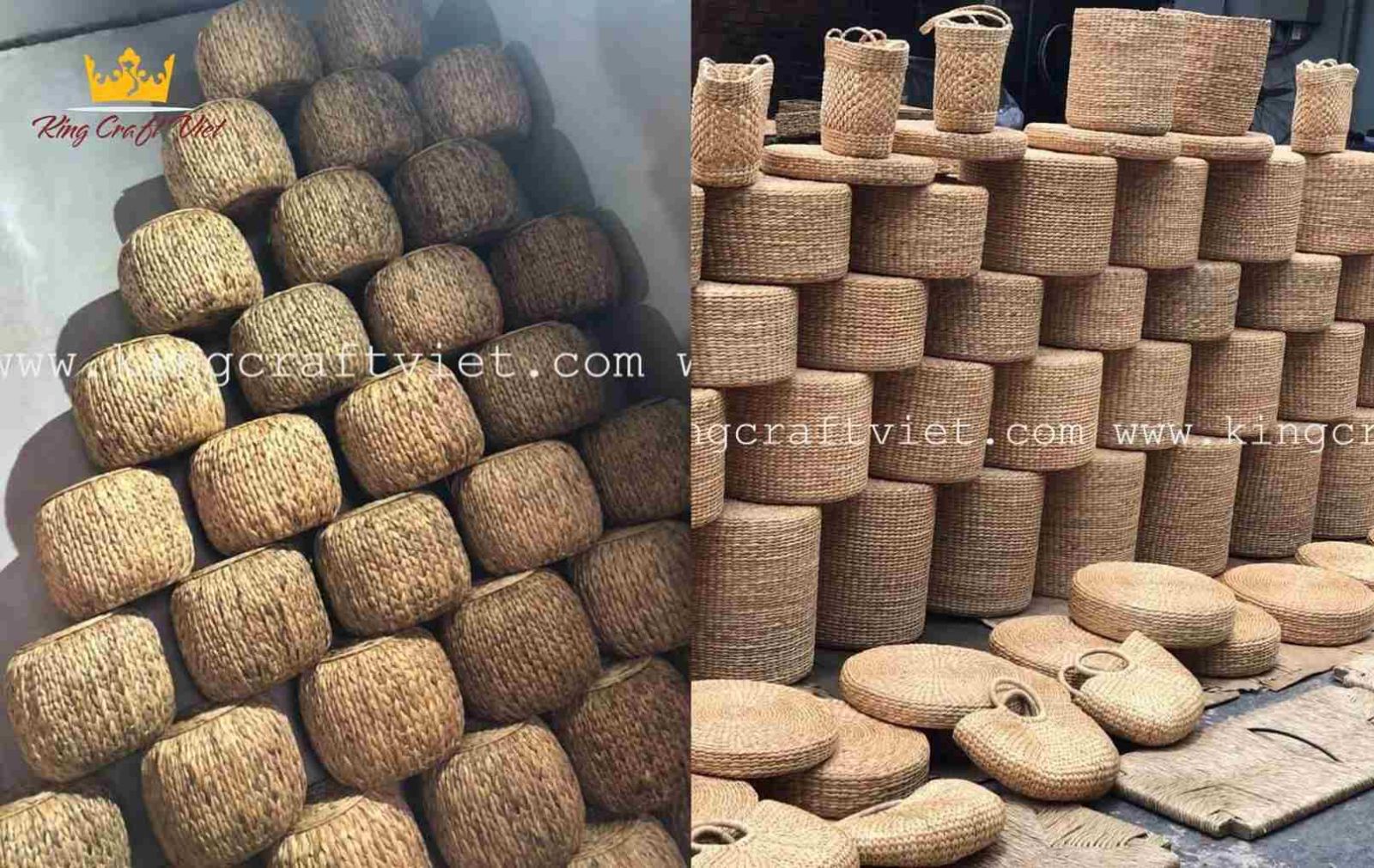 Hand-woven pillows made from water hyacinth, ready for export