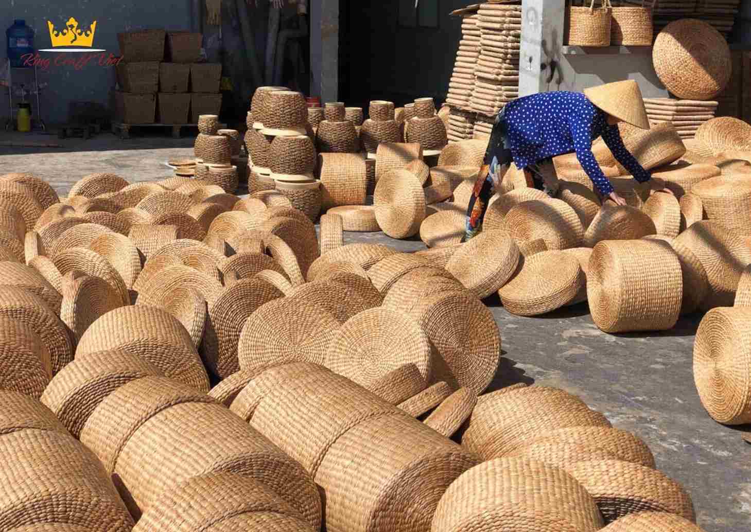 handcrafted cushion chairs sun-drying naturally at artisan workshop in Vietnam