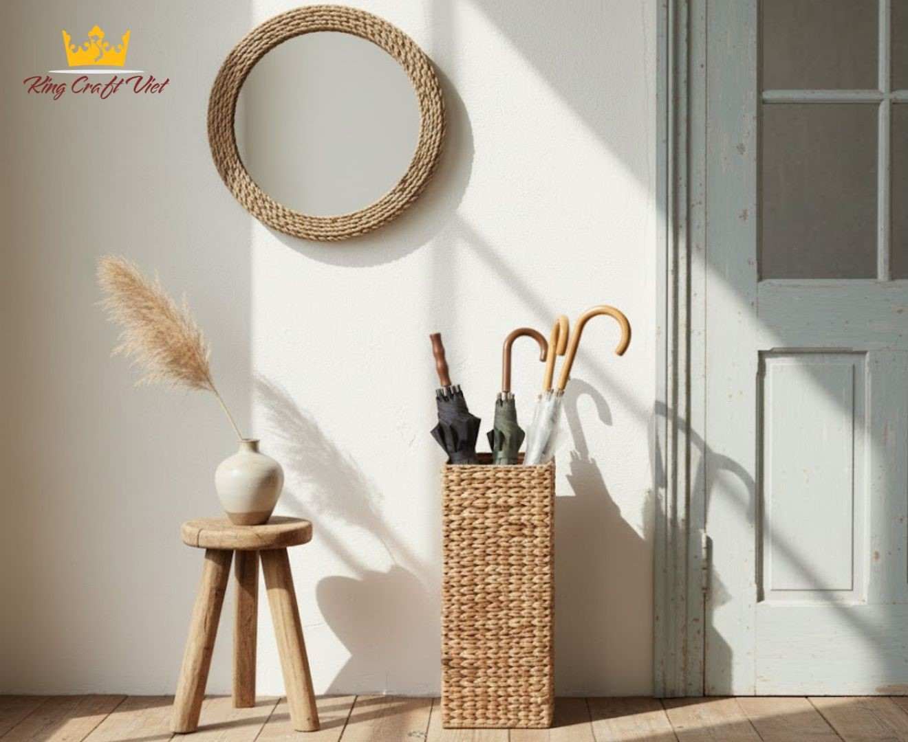 Handcrafted umbrella stand made from water hyacinth.