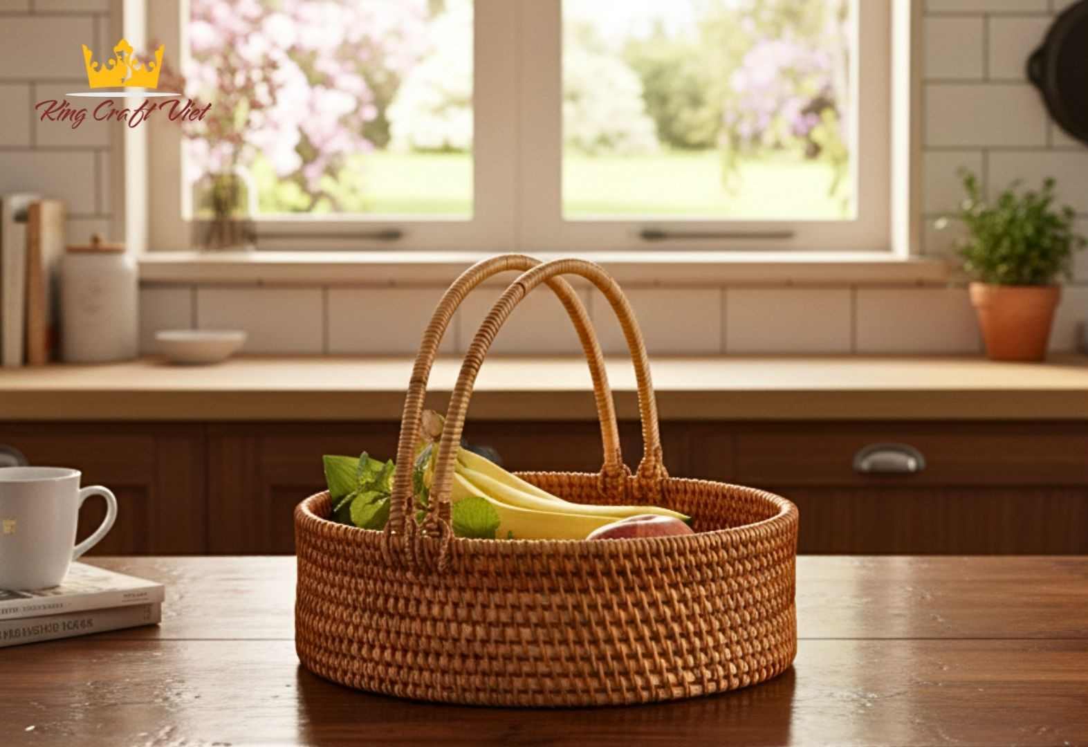 Handcrafted wicker baskets from Vietnam are displayed in a cozy kitchen.