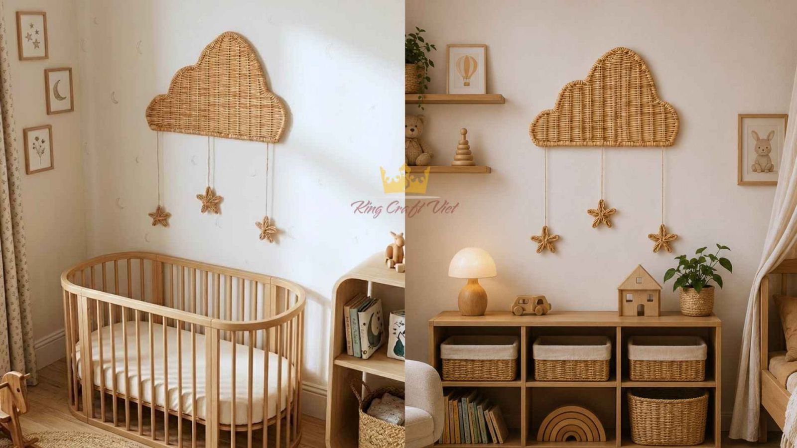 Handmade rattan wall decorations in a kids room