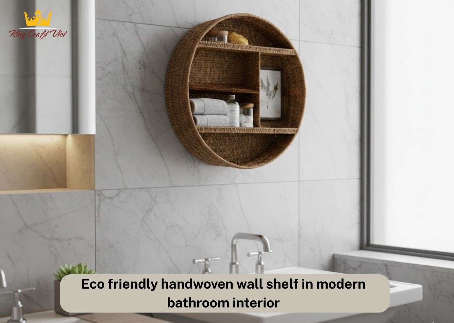 Handmade woven wall shelves for storing items in the bathroom.