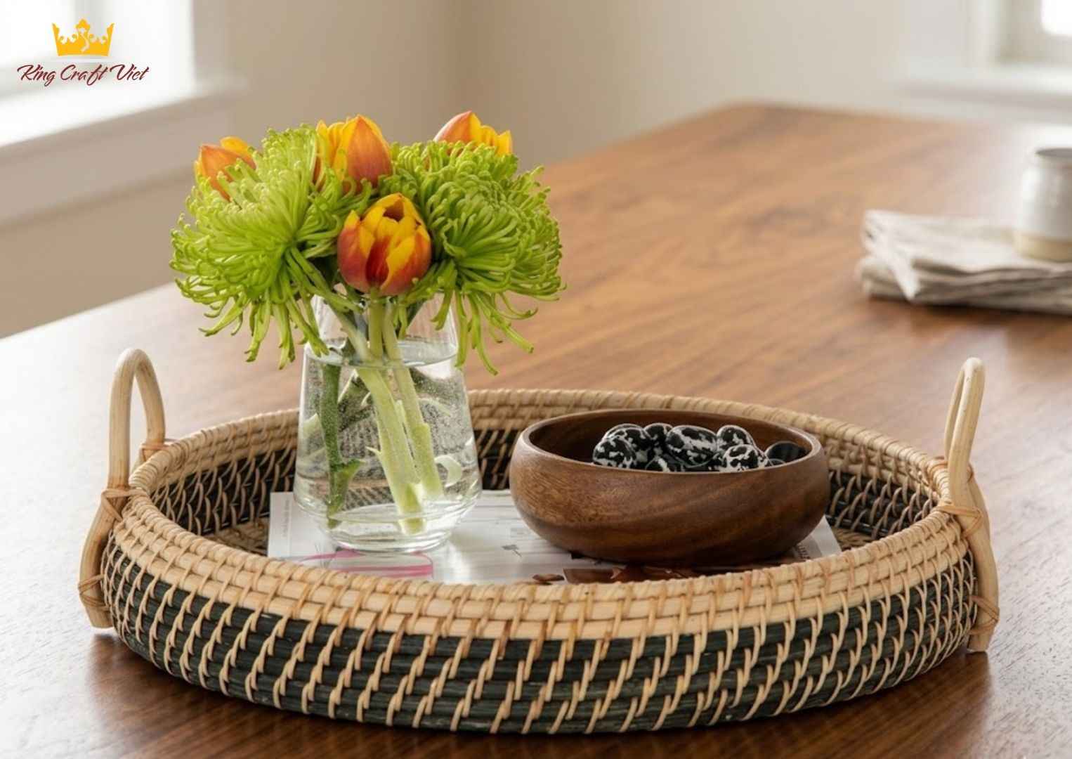 Handwoven rattan serving tray in modern living room