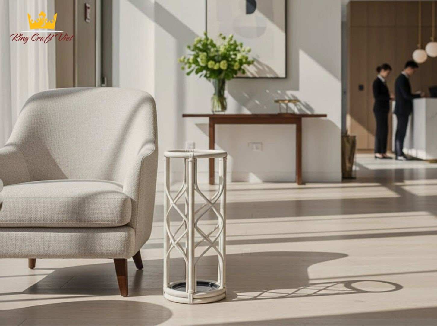 Handwoven umbrella holder for hotel lobby and hospitality interior