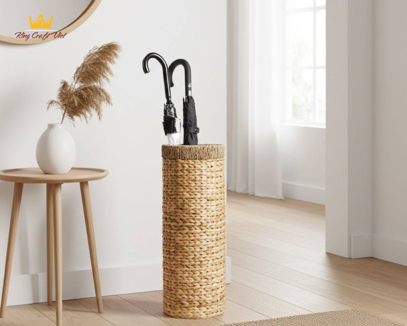 Handwoven umbrella holder made from natural rattan in modern entryway