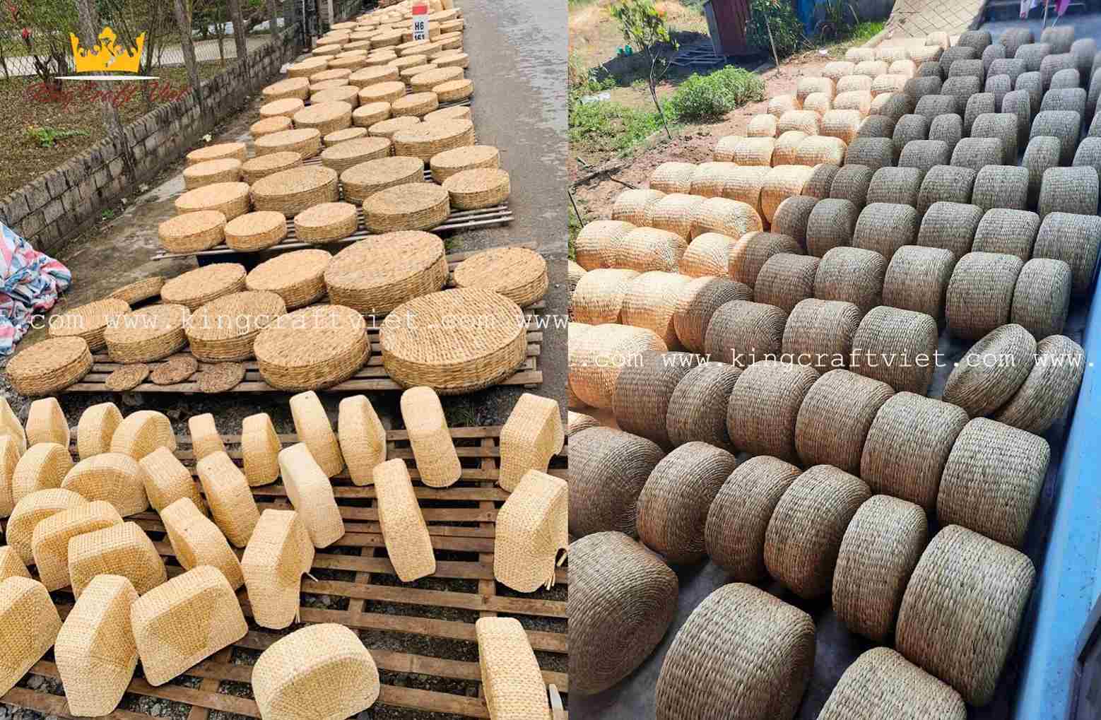 Handwoven water hyacinth cushion drying outdoors