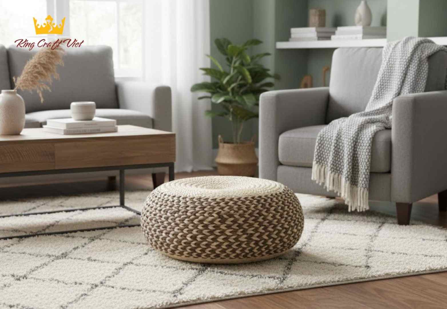Handwoven water hyacinth cushion used in living room interior