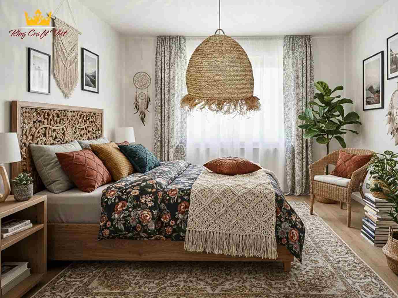 Lampshades made from seagrass decorate the bedroom space in a natural style.