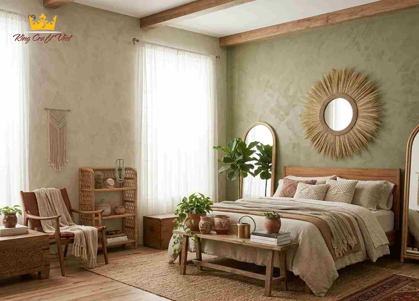 Natural rattan Vietnamese handicraft mirror for bedroom wall decor