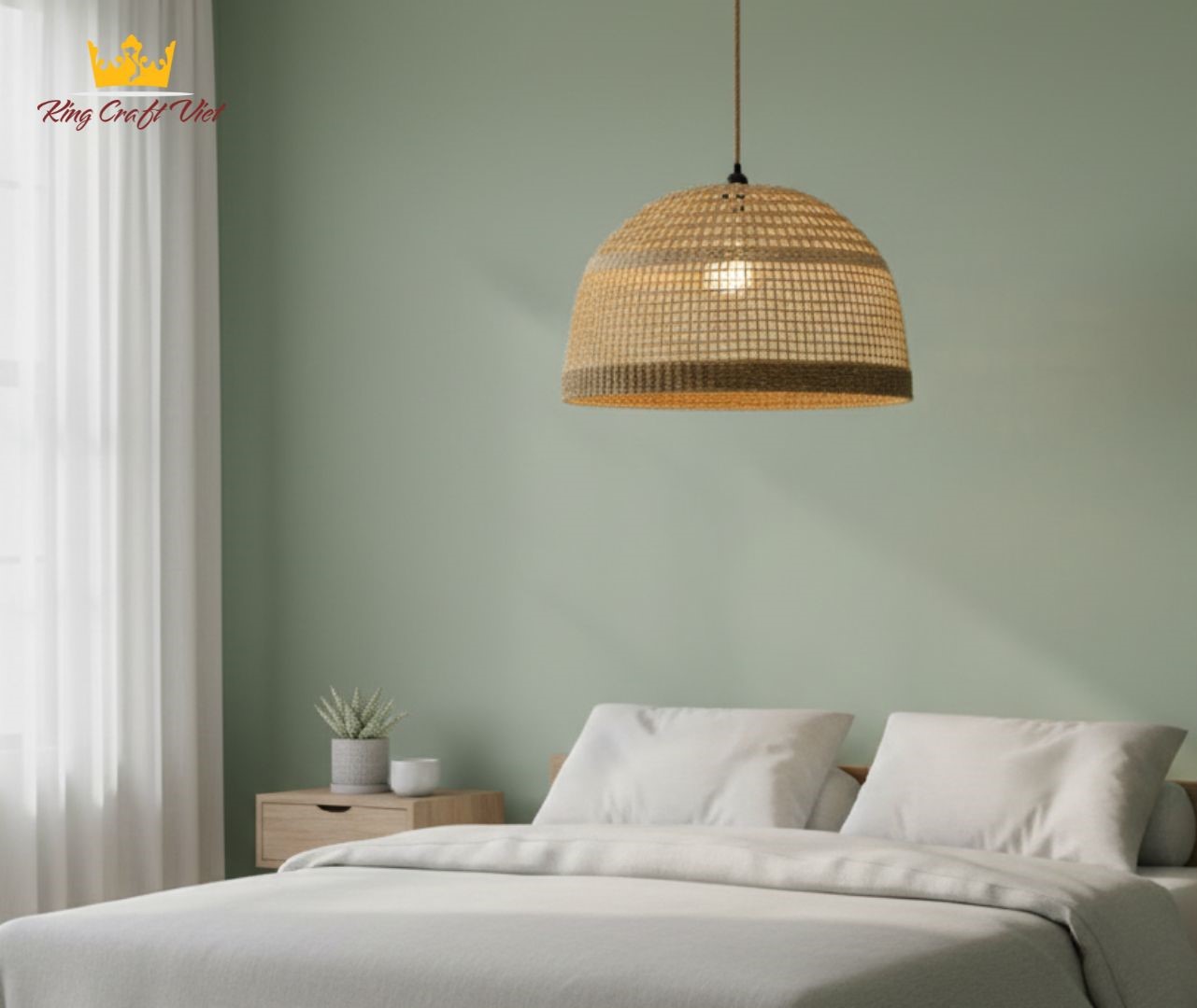 Natural seagrass lampshade hanging in cozy minimalist bedroom interior
