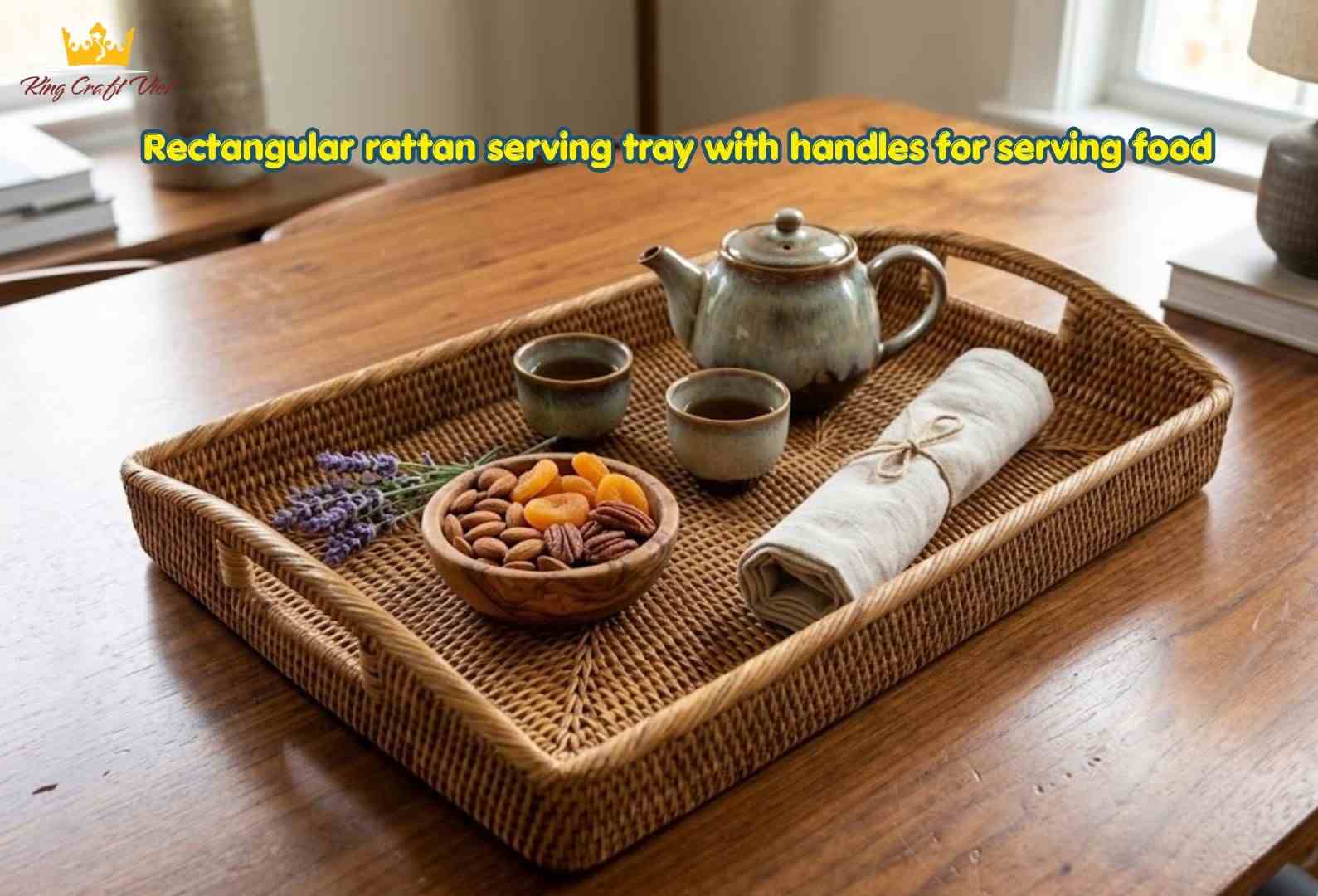 Rectangular rattan serving tray with handles for serving food