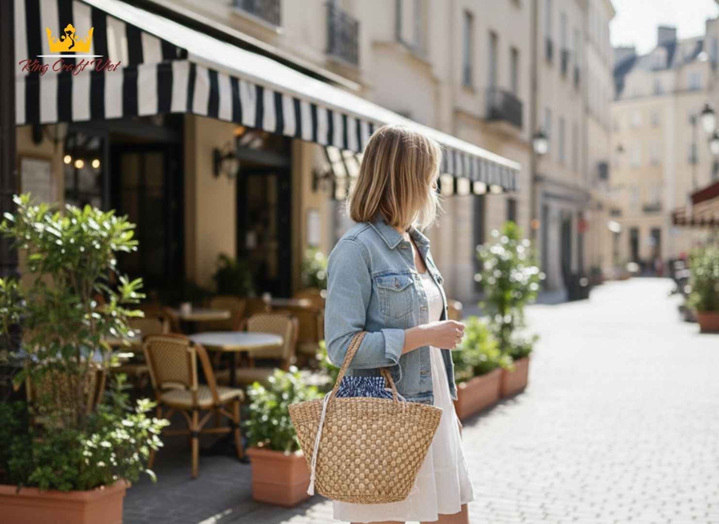 The woman was carrying a handbag made from water hyacinth.