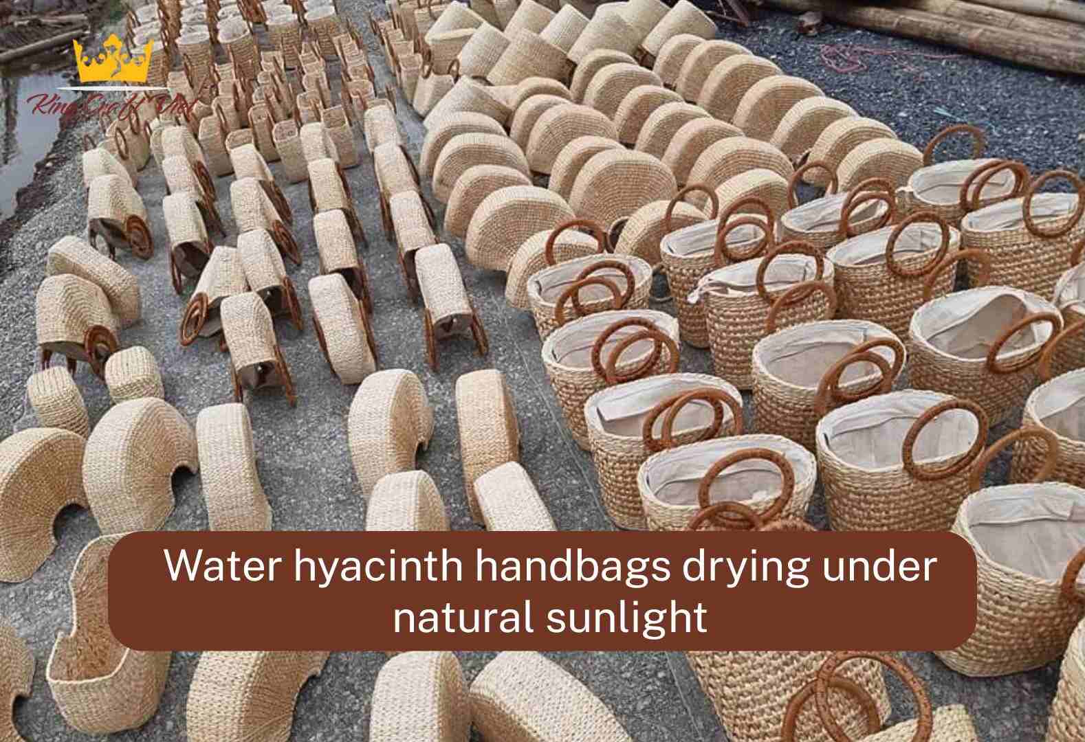 Water hyacinth handbags drying under natural sunlight