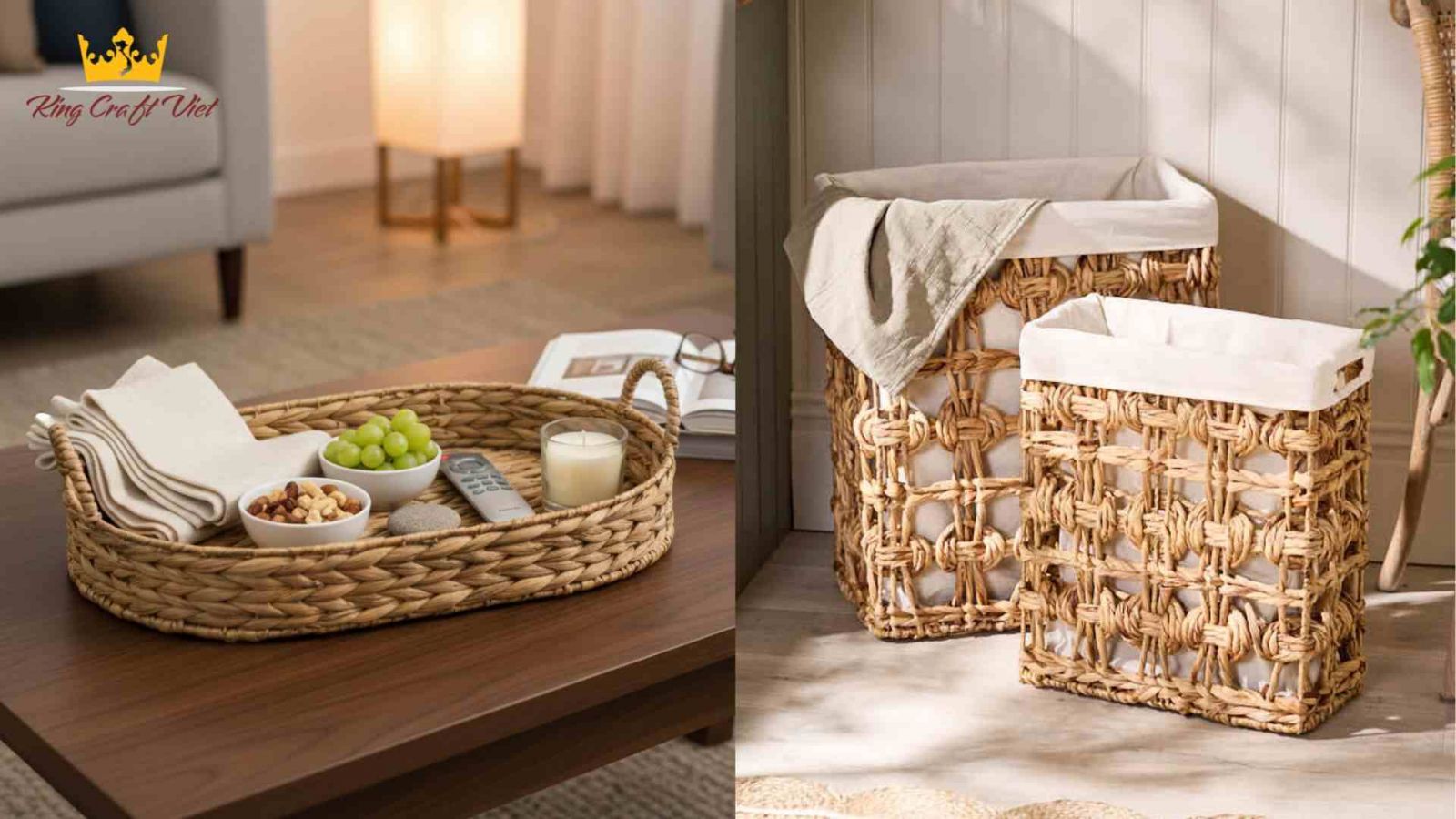 Water hyacinth handicraft collection in modern living room